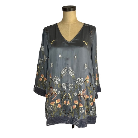 Sundance Tops Sundance Grey Silk Velvet Trimmed Embroidered Tunic